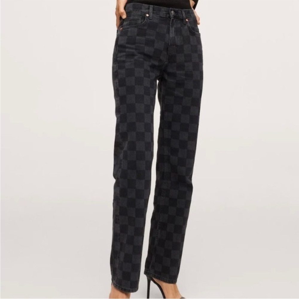 Mango Black Checkered Straight Leg Jeans